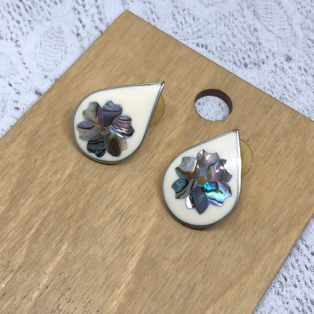 Vintage alpaca silver Mexico tear drop abalone earrings boho statement dressy